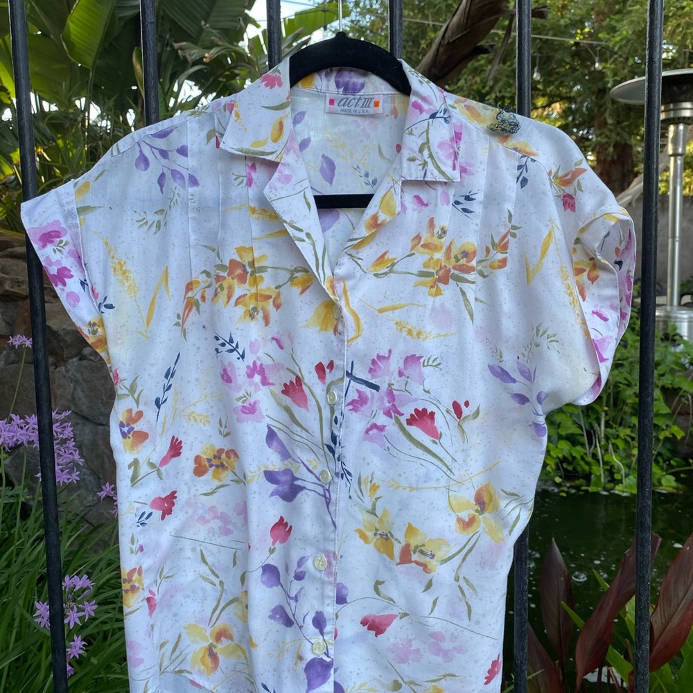Cicely Floral Button-Down Shirt - White with Yellow & Purple Floral
